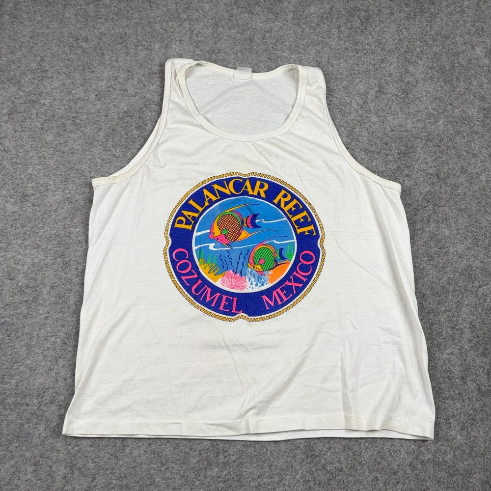 Vintage Palancar Reef Cozumel Mexico Tank Top Mens XL White Souvenir Fish 90s